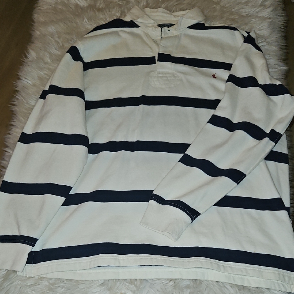 Y2K Polo by Ralph Lauren Fleece Polo – Navy & White Stripes – XL Tall